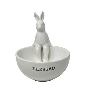 Mud Pie Blessed White Ceramic Bunny Bowl Easter Farmhouse Candy Trinket Dish